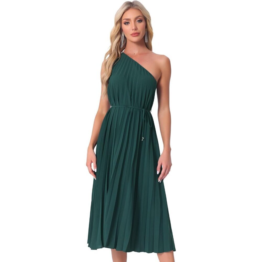 Women's Pleated Drawstring Dress Sleeveless One Shoulder Cocktail Size S